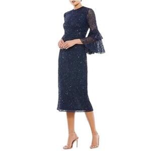 MAC DUGGAL 10802 Navy Blue Bell Sleeve Sequin Dress Navy Size 4 NWT Midi